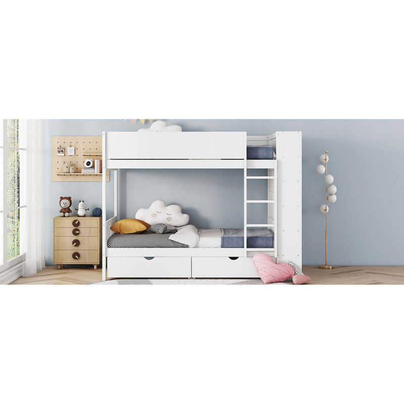 Lit simple superposé au-dessus blanc avec tiroirs de rangement et armoire - Sécuritaire et confortable pour les familles, 2 couchages,