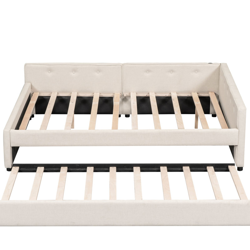 Lit plateforme tapissier beige avec lit gigogne simple - construction solide, sans sommier pour un espace de chambre à coucher élégant et moderne
