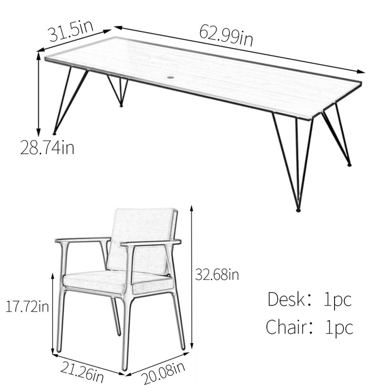 Structure géométrique en acier au carbone et bureau en bois massif, H 28,74 po x l 62,99 po x P 31,5 po