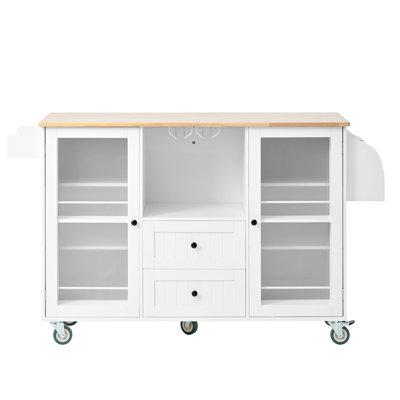 Rolling Kitchen Cart With Drop - Leaf Workbench Top, 2 Drawers, Door Storage Unit, Towel Rack, Spice Shelf, White, Rubberwood, 34.77 In Tall, 102.33 Lb Island Function, Space, Hanger, White Color,
