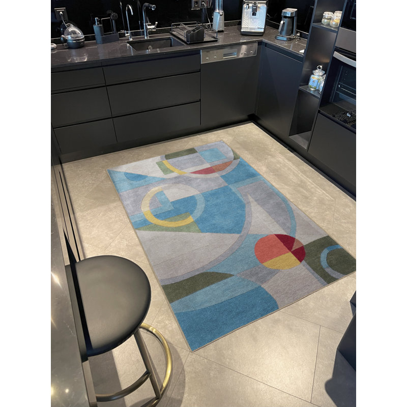 Tapis décoratif moderne multicolore à motif géométrique bleu, Rectangle 3 pi 3,37 po x 4 pi 11,06 po