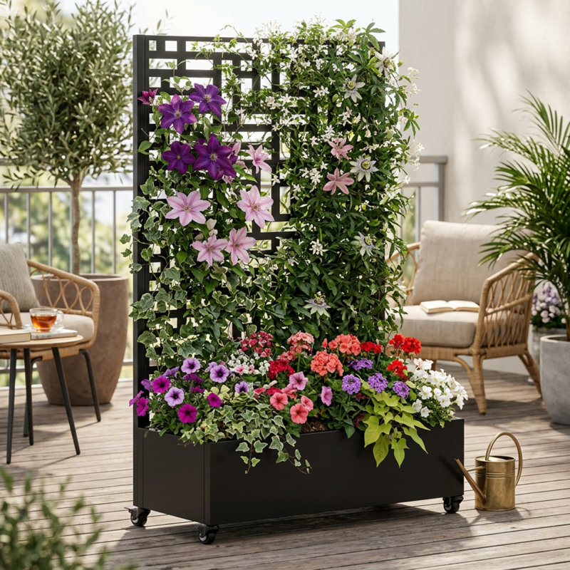 73 Inch Metal Raised Garden Bed With Trellis, Privacy Screen And Lockable Wheels, Planter Box