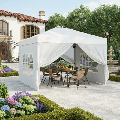 Tente à auvent escamotable 10 x 10 pi avec 4 parois latérales et fenêtres, pavillon de jardin extérieur réglable à 3 hauteurs, abri de patio imperméable et résistant aux rayons UV, auvent portatif instantané avec sac de rangement à roulettes, sacs de sable