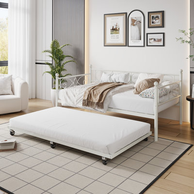 Modern Twin Daybed with Trundle Bed, Metal Bed Frame with Floral Headboard and Heavy Duty Steel Slats Pull Out Sofa Bed for Guest Room, Living Room, White