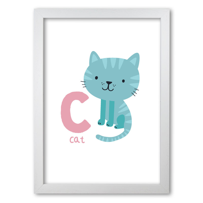 Alphabet Animals, C Is For Cat - Single Picture Frame Print, 85 cm H x 60 cm W x 5 cm D, White Grain Frame