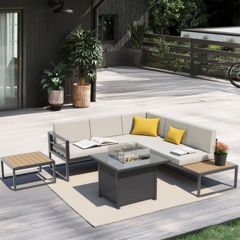 3-Piece Patio Furniture Set Aluminum Outdoor Conversation Sofa Sectional Bench With Beige Thick Cushions For Seating, Yes, No