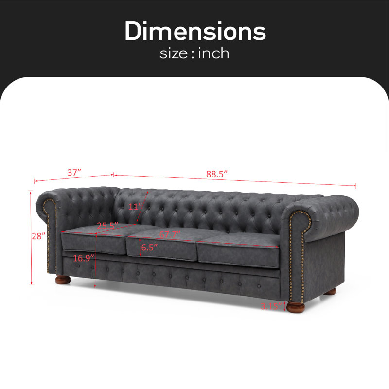 Navas 88.5" Vegan Leather Chesterfield Sofa, Faux Leather Gray
