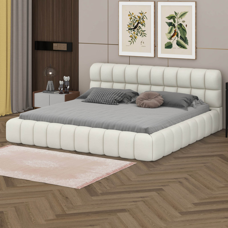 King Size Upholstered Bed With Thick Fabric, Modern Low Profile Platform Bed For Bedroom, No Box Spring Needed, Beige