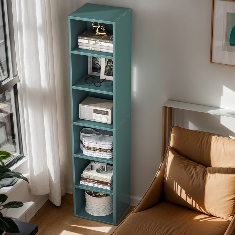 70.9" Narrow Corner Bookcase, Modern 6-Tier Cube Freestanding Display Shelf, Blue