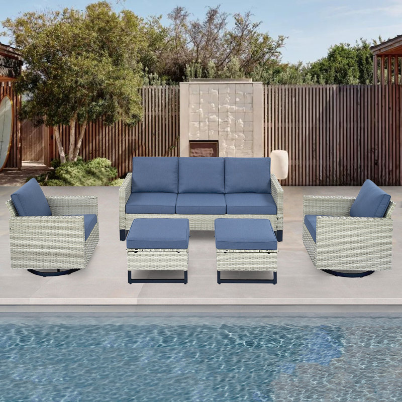 Canapé de patio extérieur en osier avec coussins de 74 po de largeur Ingvald, Bleu foncé