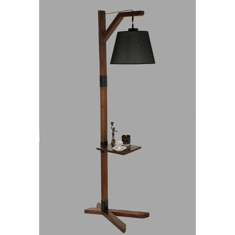 Luro Stylish Floor Lamp with Wooden Body & Fabric Cap, Black | 72.8 in Height, 15.7 in Diameter | Features Wooden Shelves, E27 Socket (Max 60W) | Convenient On/Off Switch, Perfect for Living Room & Bedroom Decor