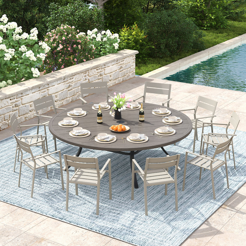 Sagamore 10-Person Patio Dining Set with 63" Round Dining Table and 10 Stackable Dining Chairs, Brush Wood Gray/Beige