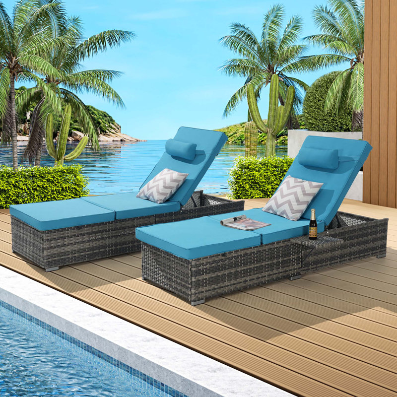 Outdoor Chaise Lounge Chair Set Of 2 With Patio Pool Chairs Tanning Lounges For Outside,Beach Rattan Recliners With Adjustable Backrest,Cushion For Poolside Backyard Garden