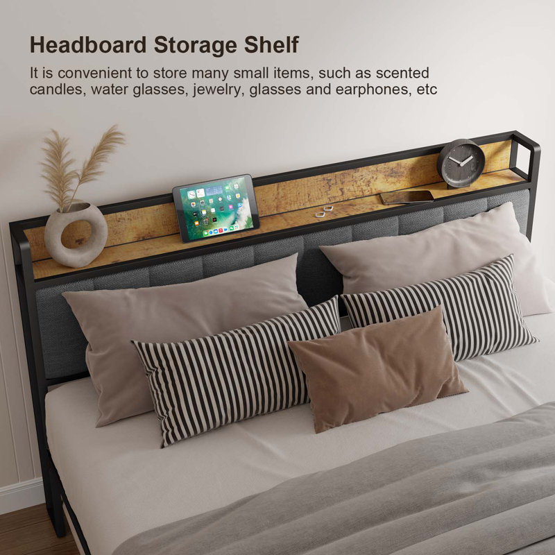 Dark Grey King Metal Platform Bed with Storage Headboard