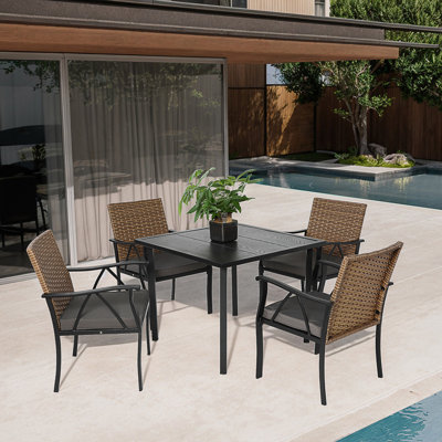 5-Piece Outdoor Table And Chairs, Patio Dining Set W/Square Steel Tabletop And Umbrella Hole, Patio Table And Chairs Set For Backyard Deck Balcony Front Porch