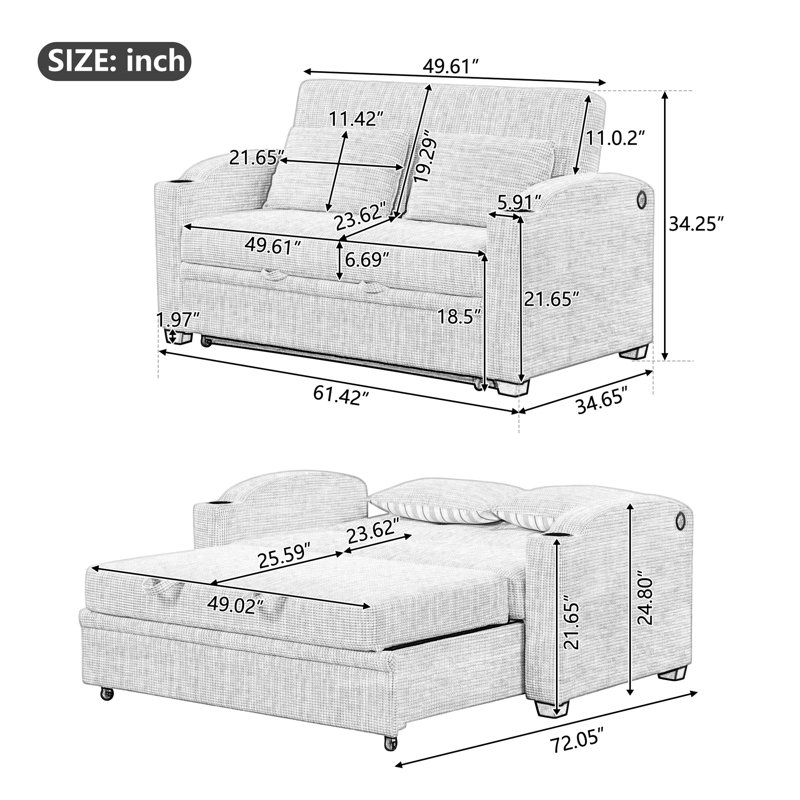 Canapé-lit convertible en chenille simple l 61,42 po x P 34,65 po x H 34,25 po Everett