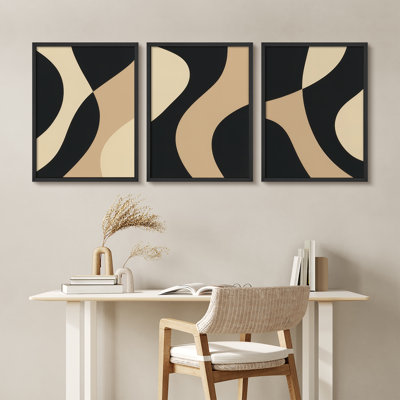 «Neutral Abstract Curves», ensemble d'art mural encadré - formes géométriques beiges et noires 3 pièces, œuvre d'art minimaliste moderne pour décoration murale de chambre à coucher ou de salon