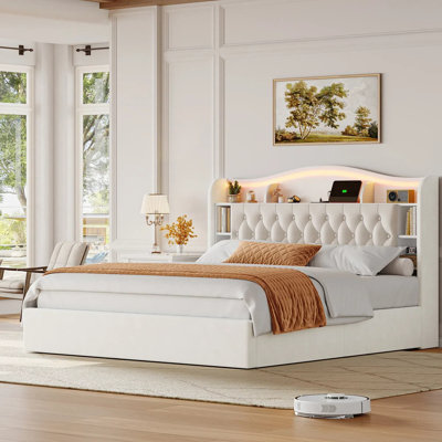 Hydraulic Lift Up Storage Upholstered Platform Bed With LED Storage Headboard, Contemporary Style by Ivy Bronx