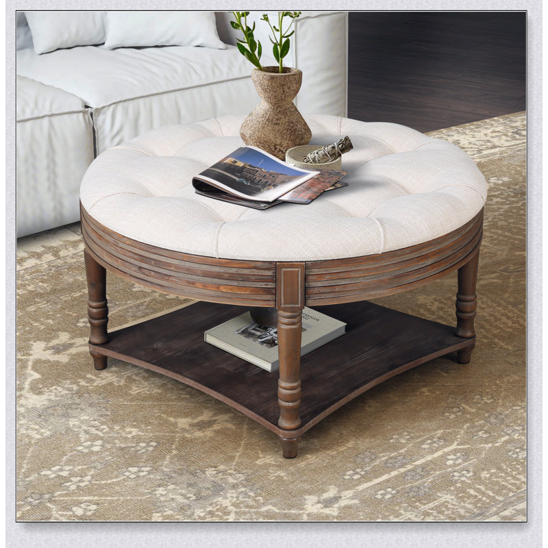 Grande table basse ronde avec repose-pieds imperméable avec rangement à 2 niveaux et capitonnage surdimensionné pour une vie moderne