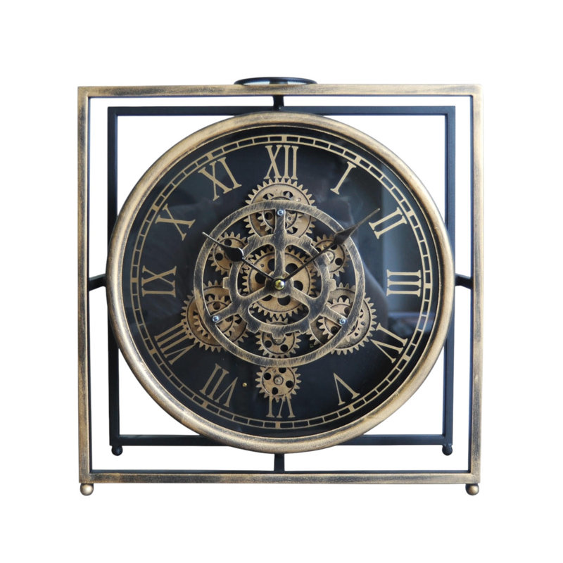 Degraffenreid Analog Metal Table Clock | Black Quartz Desk Clock with Moving Gears Numerals, Decorative Home Accent
