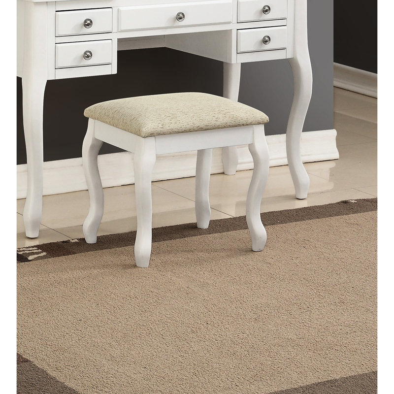 1 coiffeuse blanche avec tabouret, bois d'hévéa, miroir ouvert, tiroirs, siège à coussin, pieds uniques, panneau supérieur pour tabouret classique de décoration de chambre à coucher en blanc, placage de peuplier, utilisation des tiroirs