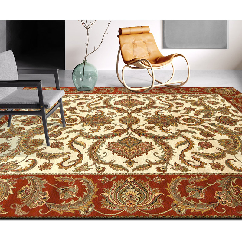 Hand Knotted Wool Area Rug in Ivory And Red