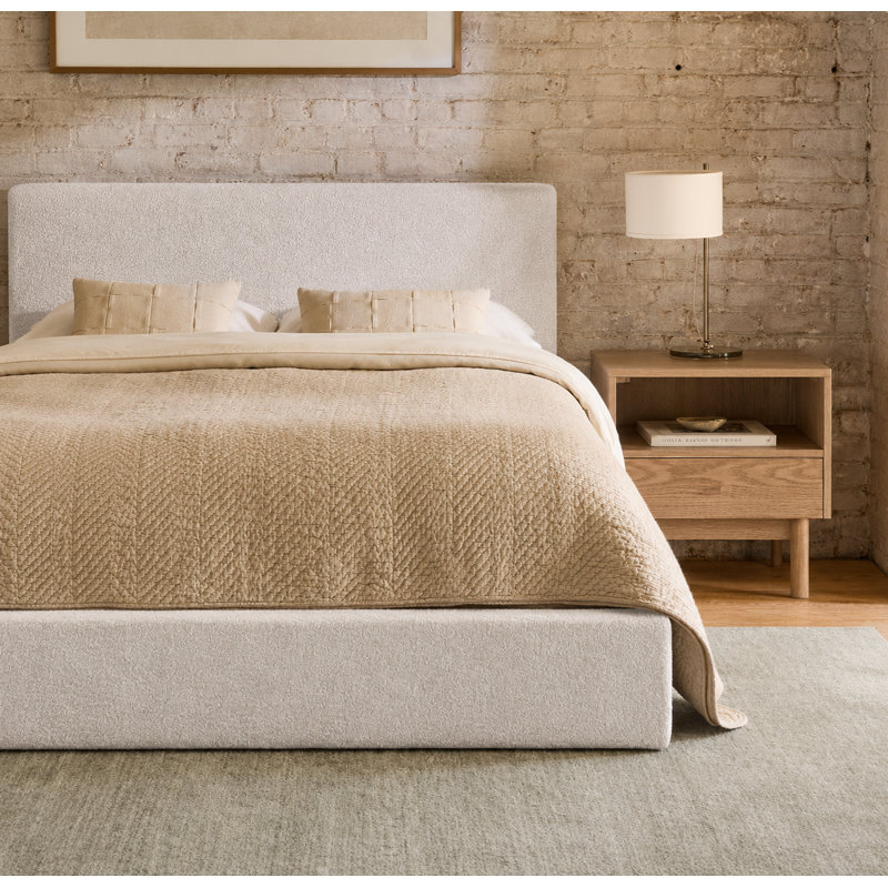 Kaiser Mid-Century Upholstered Platform Bed, Ivory Boucle, Queen