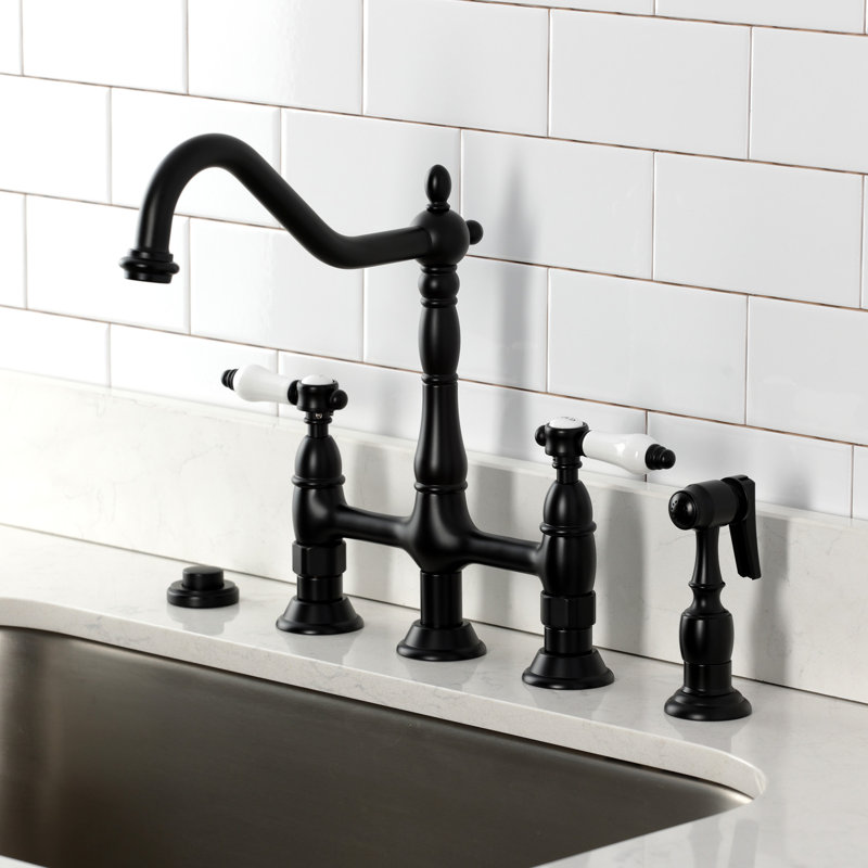 Kingston Brass Bel-Air Two-Handle 4-Hole Deck Mount Bridge Kitchen Faucet with Brass Side Sprayer, Lever, Matte Black