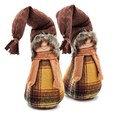 Set of 2 Fall Harvest Gnomes with Plaid Shirts and Curled Hats, 18.9" Tall
