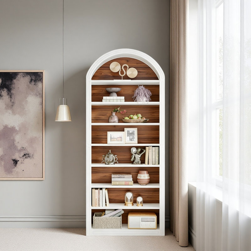 Closed Back Design Bookcase,Generous Bookshelf,Arched Display Shelving, White