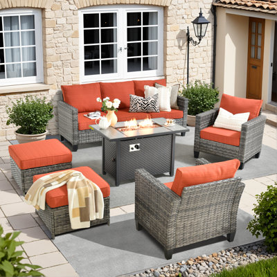 Harbin Wicker 5 Piece Rattan Sofa Seating Group with Cushions with Armchairs