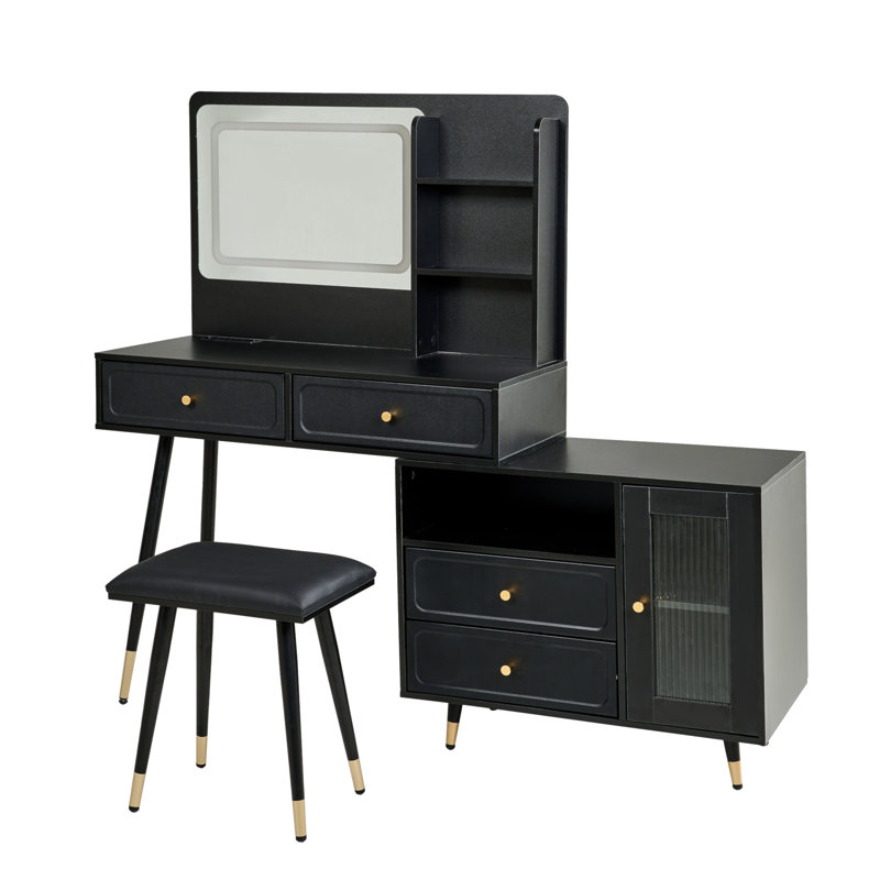 Modern Makeup Vanity Desk With Mirror And Lights, Retractable Dressing Table With Drawers And Cabinet, Compact Makeup Table Set With Power Outlet For Bedroom, Black
