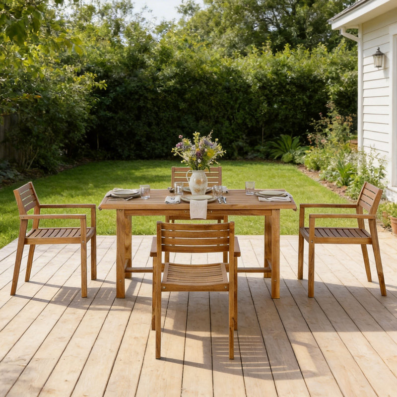 Ensemble de salle à manger pour 4 personnes avec table rectangulaire et trou pour parasol, Naturel