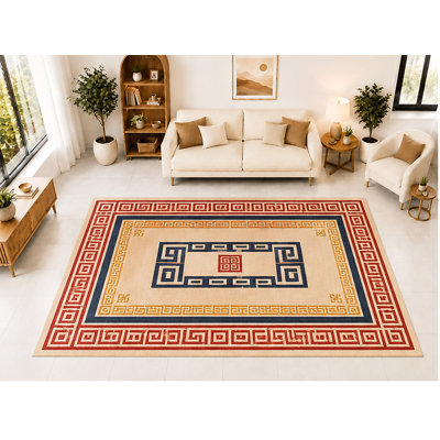 Tapis « ultra-fin » grand format (201 cm x 300 cm) à motif grec, idéal pour le salon, la chambre ou la salle à manger. Tapis d'intérieur doux à poils courts, style traditionnel.