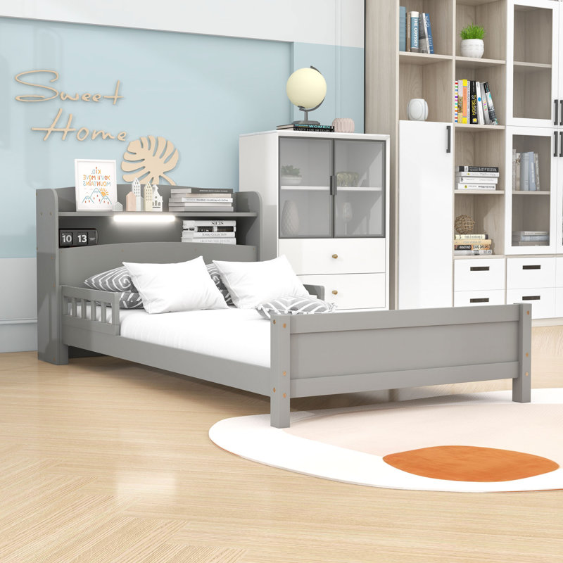 Lit plateforme en bois avec lumière DEL et tête de lit, Simple, gris
