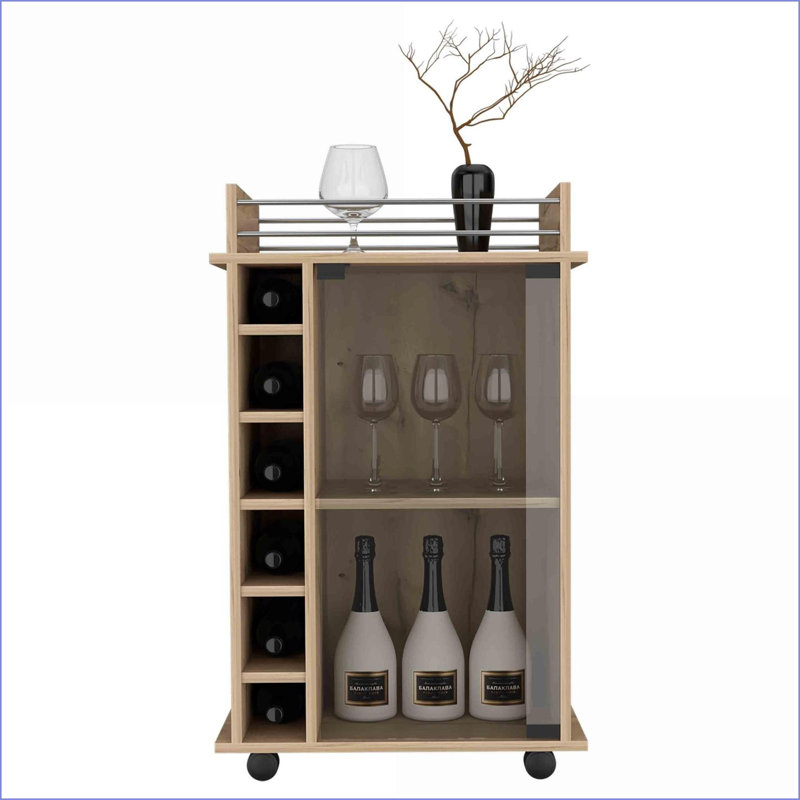 Chariot-bar Dukat avec deux tablettes, six casiers à vin et roulettes verrouillables - Chêne clair | Moderne | Rectangulaire