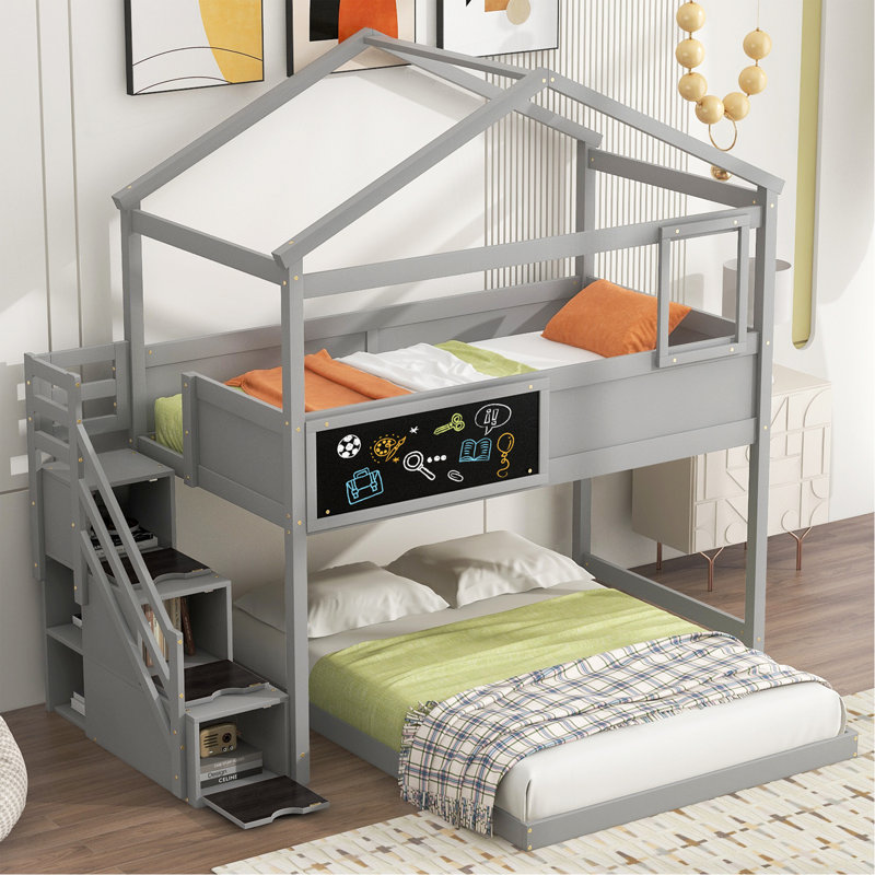 Lit superposé simple au dessus d'une chambre double avec escalier de rangement et tableau noir, gris, Gray