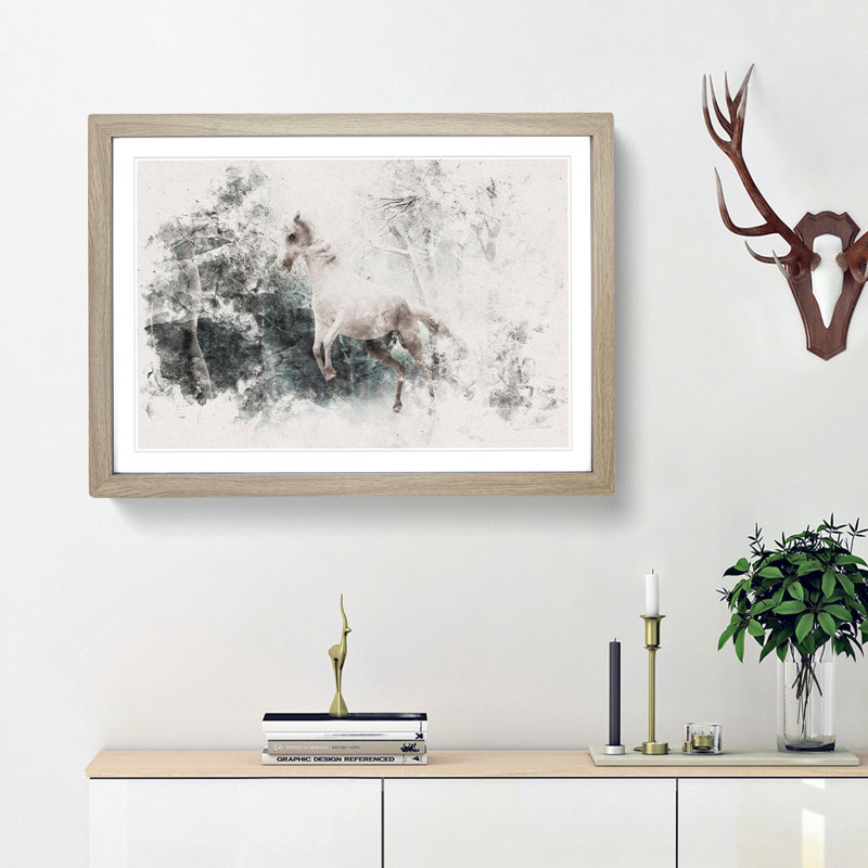 White Horse Rearing In A Winter Forest Watercolour - Framed Print, 62cm H x 87cm W x 2cm D, Oak