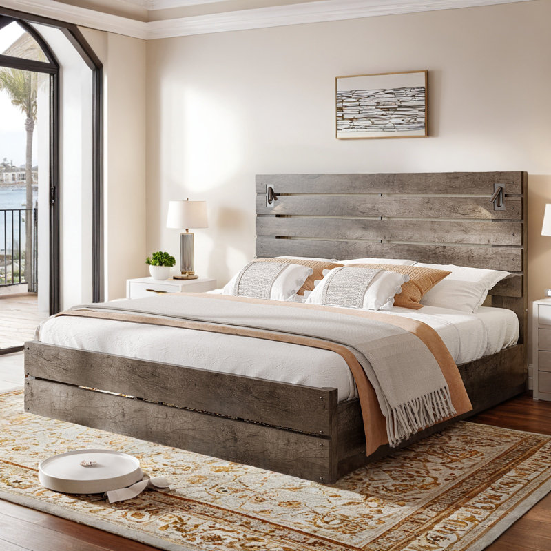 Bed Frame with 51” Tall Headboard, LED Reading Lights, USB Ports, and Rustic Wood Finish, King, Gray