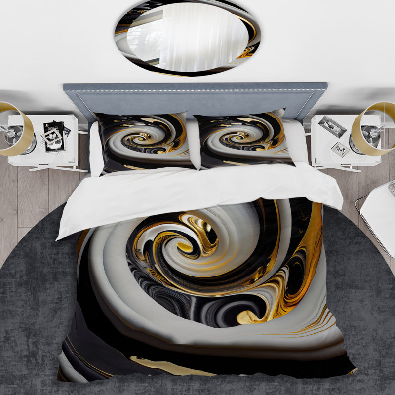 Vitrail doré et noir Spiral III - ensemble de housse de couette spirale moderne - polyester microfibre