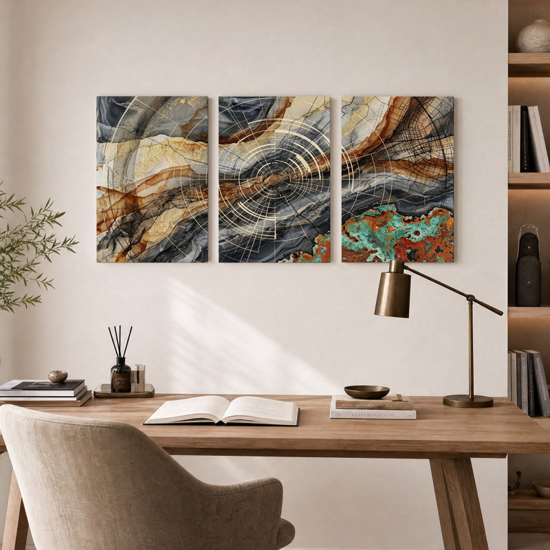 Ensemble de 3 toiles murales abstraites à texture géométrique et motifs concentriques dorés, 24"H x 16"W x 3pcs