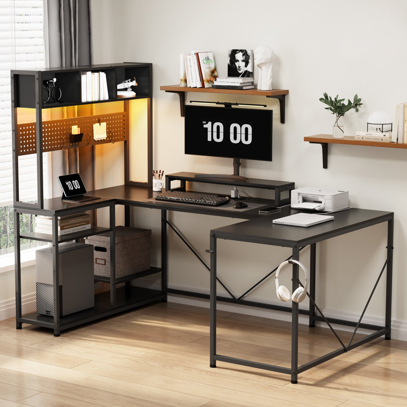 U-shaped Computer Desk With Pegboard and 4 Hooks Led Lights, Black