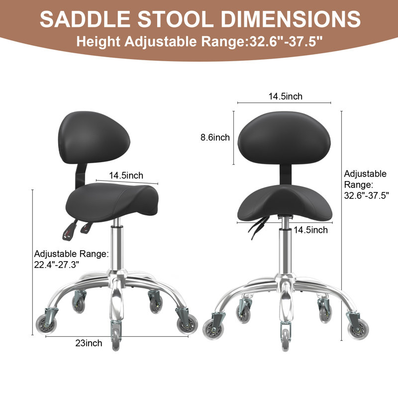 Ergonomic Saddle Stool with Premium Leather, Backrest Support, Rolling Casters, Easy to Assemble, Black, Black