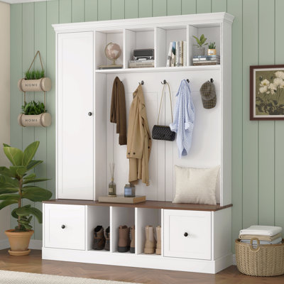 62.2''W Hall Tree With Shoe Storage Bench, Entryway Coat Rack With 5 Hooks, Adjustable Shelf Cabinet With Drawers For Hallway, Entryway, Living Room