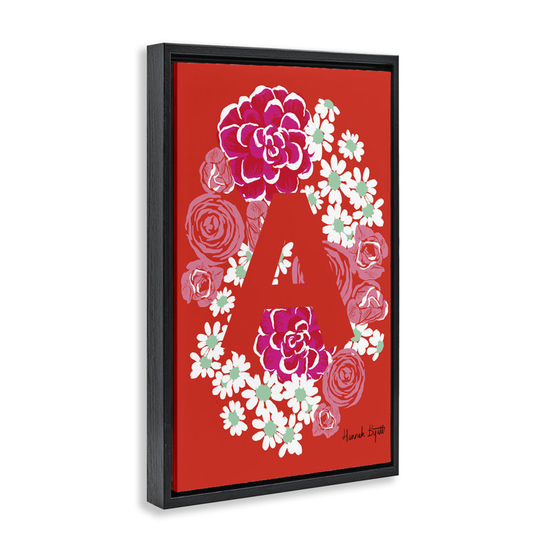 «Floral Bloom», lettre A encadrée, toile flottante par Hannah Louise Byatt, Cadre flottant noir de jais, H 25 po x l 17 po
