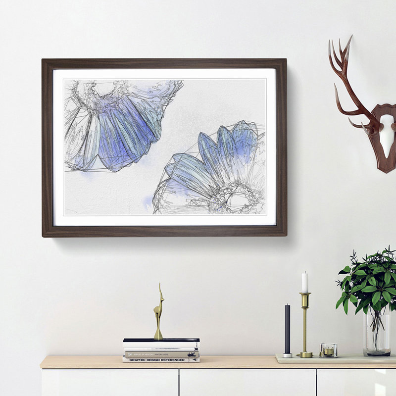 Two Blue Flowers in Abstract - Picture Frame Graphic Art Print, 36cm H x 48cm W x 2cm D, Walnut Framed