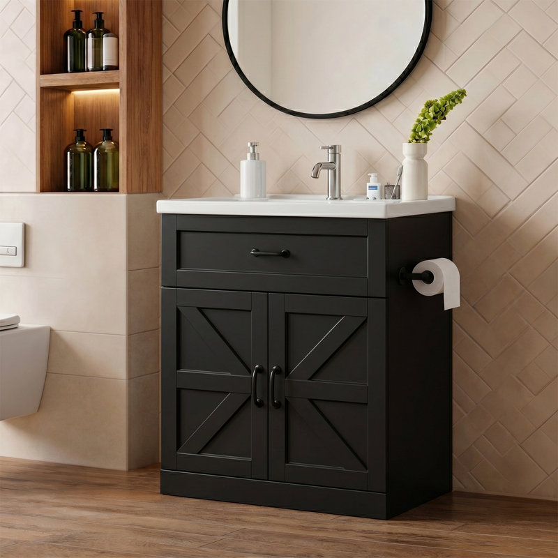 31 Inch Farmhouse Freestanding Bathroom Vanity, Black