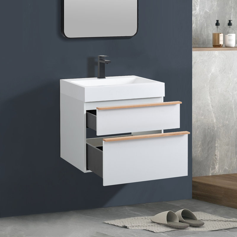 Meuble-lavabo mural de salle de bain avec lavabo, meuble-lavabo flottant avec tiroirs à fermeture en douceur, Blanc, 24"