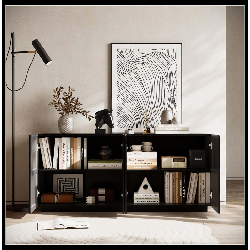 Buffet avec rangement, buffet de rangement moderne à 4 portes, armoire de plancher luxueuse avec anti-déversement autoportant pour la cuisine, le salon, buffet rectangulaire de 59 po de largeur (noir)