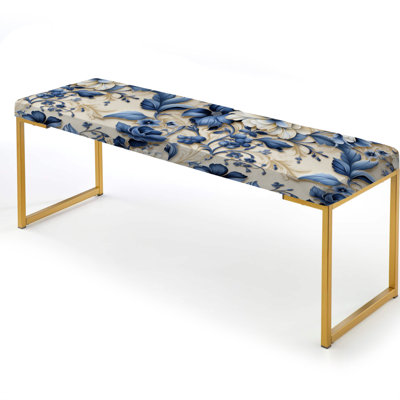 Victorian Blue And White Flowers Damask I - Damask Upholstered Gold Bench